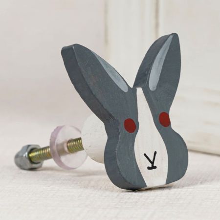 Grey and White Wooden Rabbit for Kids Dresser Knob